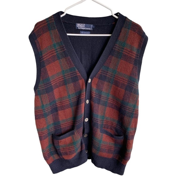 Vintage Polo Ralph Lauren Cashmere Sweater Vest Cardigan Sz 46 Red Blue Y2K Mens - Picture 1 of 5